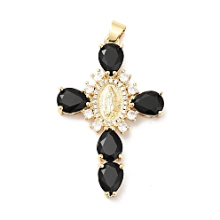 Black Rack Plating Brass Micro Pave Cubic Zirconia Pendants, Cadmium Free & Lead Free, Real 18K Gold Plated, Cross with Saint, Black, 45.5x29x6mm, Hole: 4x6mm