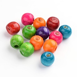 Mixed Color Natural Wood Beads, Dyed, Round, Lead Free, Mixed Color, 14x13mm, Hole: 4mm, about 1200pcs/1000g