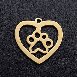 Oro 201 colgantes de acero inoxidable, corazón con huellas de perro, dorado, 15x15.5x1 mm, agujero: 1.2 mm