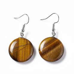 Tiger Eye Natural Tiger Eye Flat Round Dangle Earrings, Platinum Brass Jewelry for Women, 42mm, Pin: 0.7mm