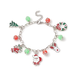 Colorful Christmas Tree & Santa Claus Alloy Enamel & Acrylic Charm Bracelet, Iron Jewelry for Women, Colorful, 7 inch(17.8cm)