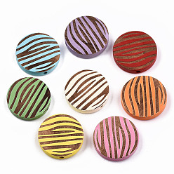 Mixed Color Painted Natural Wood Beads, Laser Engraved Pattern, Flat Round with Zebra-Stripe, Mixed Color, 20x5mm, Hole: 1.5mm