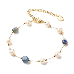 Lapis Lazuli Natural Lapis Lazuli & Pearl Beaded Bracelet, Gold Plated Stainless Steel Jewelry for Women, 7-1/4~7-1/2 inch(18.5~19cm)