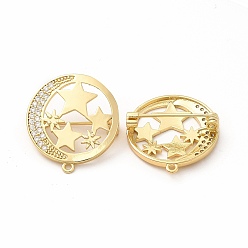 Real 18K Gold Plated Clear Cubic Zirconia Moon with Star Brooch Pin, Brass Badge for Backpack Clothes, Real 18K Gold Plated, 26x24x8mm, Hole: 1.4mm