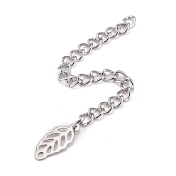 Stainless Steel Color 304 Stainless Steel Chain Extender, Curb Chain, with 202 Stainless Steel Charms, Hollow Leaf, Stainless Steel Color, 66~71mm, Link: 3.7x3x0.5mm, Leaf: 12.5x5.5x0.2mm