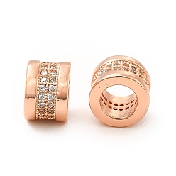 Real Rose Gold Plated Rack Plating Brass Micro Pave Clear Cubic Zirconia European Beads, Large Hole Beads, Column, Real Rose Gold Plated, 8.5x6mm, Hole: 5mm