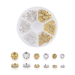 Cristal Séparateurs perles en verre avec strass en laiton, Grade a, bord ondulé, rondelle, or et argent, cristal, 5~8x2.5~3.8mm, trou: 1 mm, 120 / boîte