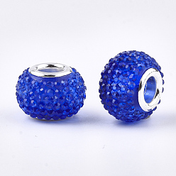 Blue Resin Rhinestone European Beads, Large Hole Beads, with Platinum Tone Brass Double Cores, Rondelle, Berry Beads, Blue, 14x10mm, Hole: 5mm