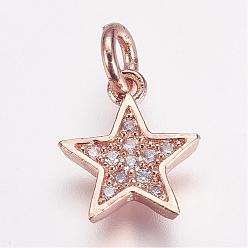 Rose Gold Brass Micro Pave Cubic Zirconia Charms, Star, Rose Gold, 11.5x10x2mm, Hole: 3mm