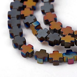 Plaqué Multicolore Galvaniques perles d'hématite synthétique non magnétique brins, croix, multi-couleur plaquée, 4x4x2mm, Trou: 0.6mm, Environ 98 pcs/chapelet, 16.14 pouce (41 cm)
