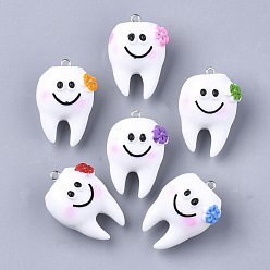 Mixed Color Resin Pendants, with Platinum Tone Iron Findings, Tooth, Mixed Color, 32~34x21~22x17~18mm, Hole: 2mm