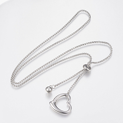 Stainless Steel Color Adjustable 304 Stainless Steel Lariat Necklaces, Slider Necklaces, Heart and Beads, Stainless Steel Color, 25.19 inch(64cm)