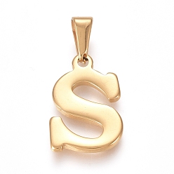 Letter S 304 Stainless Steel Pendants, Golden, Initial Letter.S, 20x13x1.8mm, Hole: 3x7mm