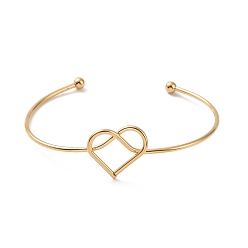 Golden 201 Stainless Steel Wire Wrap Heart Open Cuff Bangle, Torque Bangle for Women, Golden, Inner Diameter: 2-7/8 inch(7.2cm)