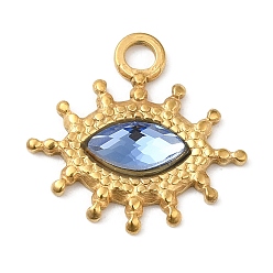 Cornflower Blue Real 18K Gold Plated 304 Stainless Steel Pendants, with Glass, Horse Eye Charms, Cornflower Blue, 17.5x18.5x3~3.5mm, Hole: 2.2mm