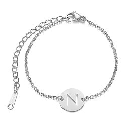 Letter N 201 Stainless Steel Link Bracelets, with Cable Chains and Lobster Claw Clasps, Flat Round with Letter, Letter.N, 6 inch~6-3/4 inch(15~17.5cm), 1.5mm