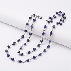 Lapis Lazuli Two Tiered Lapis Lazuli Beaded Necklaces, Double Layer Necklaces, with Iron Finding, Platinum, 47.2 inch(120cm)