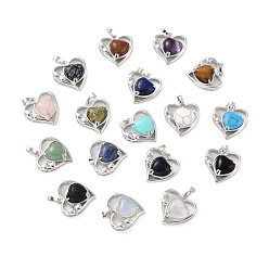 Mixed Stone Natural & Synthetic Gemstone Pendants, with Platinum Tone Brass Findings, Cadmium Free & Lead Free, Heart, Valentine's Day, 28x26x5mm, Hole: 8x5mm