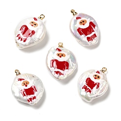 Santa Claus Baroque Style Natural Keshi Pearl Pendants with Enamel, Christmas Flat Round Charms with Golden Tone Brass Pendant Bails, Seashell Color, Santa Claus, 21~23x16~17.5x4~7.5mm, Hole: 1.2mm