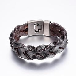 Brun De Noix De Coco Bracelets cordon cuir tressé, avec des agrafes en alliage, brun coco, 8-1/4 pouces (210 mm), 20x7mm