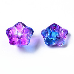 Bleu Perles de verre peintes par pulvérisation transparentes deux tons, fleur, bleu, 10x10x7mm, Trou: 1.2mm