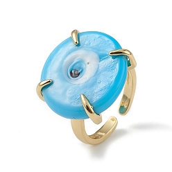 Sky Blue Lampwork Evil Eye Open Cuff Ring, Light Gold Brass Lucky Jewelry for Women, Lead Free & Cadmium Free, Sky Blue, Inner Diameter: 16mm