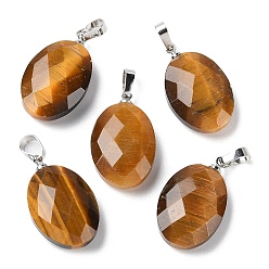 Tiger Eye Natural Tiger Eye Pendants, Faceted Oval Charms with Platinum Plated Brass Snap on Bails, 21.8x13.4~13.5x6.2mm, Hole: 5.3x3.7mm