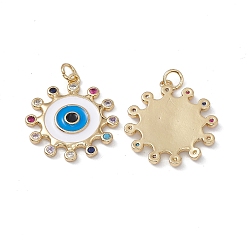 Real 18K Gold Plated Brass Colorful Cubic Zirconia Pendants, with Jump Ring, Sun with Enamel Eye Charms, Real 18K Gold Plated, 25x23x2.5mm, Hole: 3mm