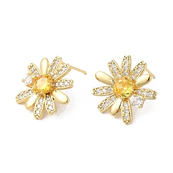 Real 18K Gold Plated Flower Brass Micro Pave Cubic Zirconia Stud Earrings for Women, Real 18K Gold Plated, 20x19mm