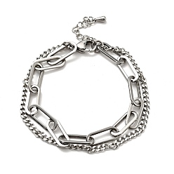 Stainless Steel Color 201 Stainless Steel Paper & Curb Chains Double Layered Multi-strand Bracelet for Women, Stainless Steel Color, 7-1/2 inch(19.2cm)