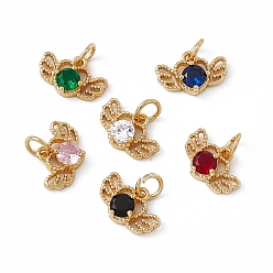 Mixed Color Rack Plating Brass Cubic Zirconia Charms, Heart with Wing Charm, with Jump Ring, Long-Lasting Plated, Real 18K Gold Plated, Lead Free & Cadmium Free, Mixed Color, 8.5x13.5x3.5mm, Hole: 3.2mm