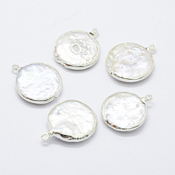 Argent Pendentifs de perles d'eau douce de culture naturelle, avec les accessoires en laiton, plat rond, argenterie, 20~26x16~20x4~6mm, Trou: 1mm
