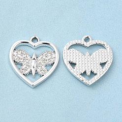Platinum UV Plating Alloy Rhinestone Pendants, Cadmium Free & Lead Free, Heart with Butterfly Charms, Platinum, 18.5x17x1.8mm, Hole: 1.6mm