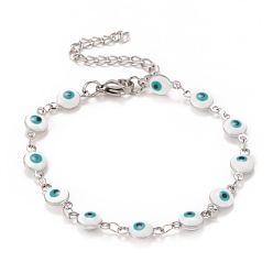 Blanc Ovale en émail avec bracelet chaînes à maillons mauvais œil, 304 bijoux en acier inoxydable pour femmes, couleur inox, blanc, 6-1/2 pouce (16.5 cm)