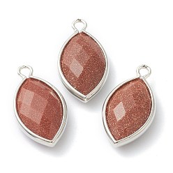 Goldstone Synthetic Goldstone Pendants, with Platinum Brass Edge, Faceted, Horse Eye, 22x12x5.5mm, Hole: 1.8mm