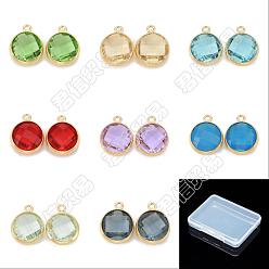 Mixed Color SUPERFINDINGS 16Pcs 8 Colors Brass Glass Charms, Golden, Long-Lasting Plated, Faceted Flat Round, Mixed Color, 13.5x11x5mm, Hole: 1.4mm, 2pcs/color