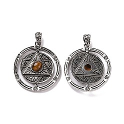 Tiger Eye Natural Tiger Eye Pendants, Flat Round with Hexagram Charms, with Antique Silver Plated Alloy Findings, 42.5x37x8mm, Hole: 5.5x4mm