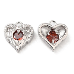 Orange Red Brass & Glass & Cubic Zirconia Charms, Heart Wing Charm, Real Platinum Plated, Orange Red, 11x10.5x4mm, Hole: 1.2mm