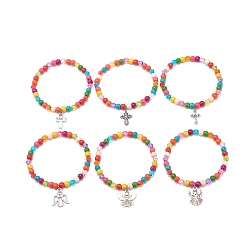 Motifs Mixtes 6 pcs 6 style synthétique turquoise (teint) et ensemble de bracelets extensibles en perles acryliques, bracelets à breloques en alliage fée et croix pour femmes, colorées, motifs mixtes, diamètre intérieur: 2-1/8 pouce (5.5 cm), 1 pc / style