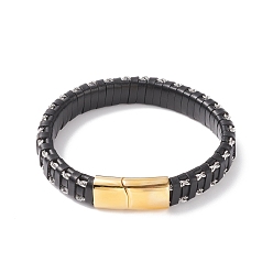 Black Leather Braided Cord Bracelets, 304 Stainless Steel Magnetic Clasp, Rectangle, Golden, Black, 8-5/8 inch(22cm), 12x6mm