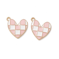 Pink Alloy Enamel Pendants, Golden, Heart with Tartan Pattern Charm, Pink, 20x19x2mm, Hole: 1.8mm