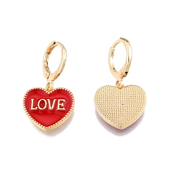Red Heart with Word Love Enamel Dangle Leverback Earrings, Real 18K Gold Plated Brass Jewelry for Women, Cadmium Free & Nickel Free & Lead Free, Red, 28mm, Pin: 1mm