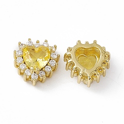 Yellow Rack Plating Brass Micro Pave Cubic Zirconia Beads, with Glass, Real 18K Gold Plated, Long-Lasting Plated, Cadmium Free & Nickel Free & Lead Free, Heart, Yellow, 10.5x10.5x6mm, Hole: 1.2~3.5x1.2~1.4mm