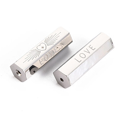 Stainless Steel Color 304 Stainless Steel Beads, with Rhinestone, Hexagonal Prism with Word Love, Stainless Steel Color, 25.5x9x8mm, Hole: 1.6mm