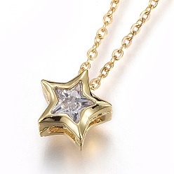 Golden 304 Stainless Steel Brass Cubic Zirconia Pendant Necklaces, Star, Clear, Golden, 17.8 inch(45.5cm), Pendant: 8x8x4mm