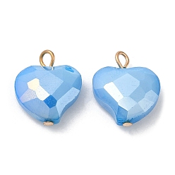 Light Sky Blue Imitation Jade Glass Pendants, with Golden Brass Loops, Heart Charms, Light Sky Blue, 18x17x6.5~7mm, Hole: 2~2.5mm