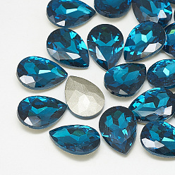 Capri Blue Pointed Back Glass Rhinestone Cabochons, Back Plated, Faceted, teardrop, Capri Blue, 25x18x8mm