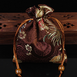Coconut Brown Chinese Style Flower Pattern Satin Jewelry Packing Pouches, Drawstring Gift Bags, Rectangle, Coconut Brown, 14x11cm