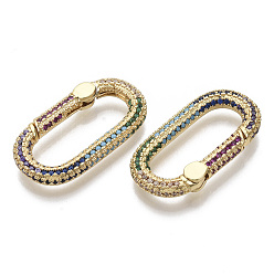 Real 16K Gold Plated Brass Micro Pave Cubic Zirconia Spring Gate Rings, Nickel Free, Oval, Colorful, Real 16K Gold Plated, 29x15x4mm, Inner Diameter: 22x8mm