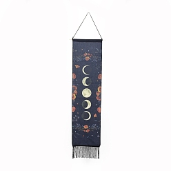 Moon Rectangle Linen Tapestry, Wall Decoration, with Wood Bar, PP Cord, Iron Finding, Moon Phase Pattern, 1600mm